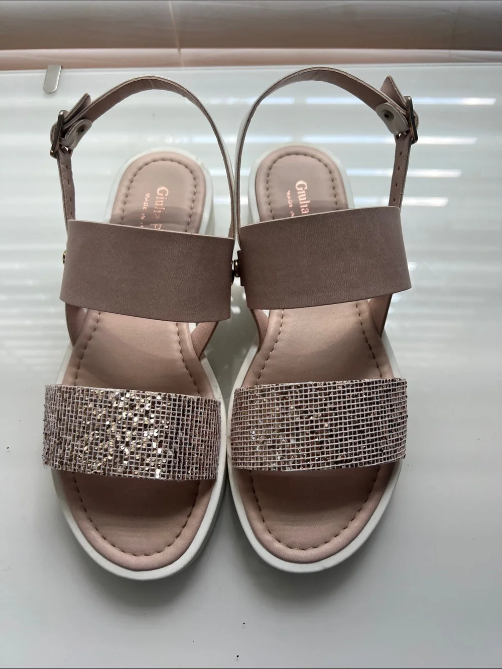 Girls' Glitter Front Strap Slingback Sandal in Light Pink Comes in Box Size 4